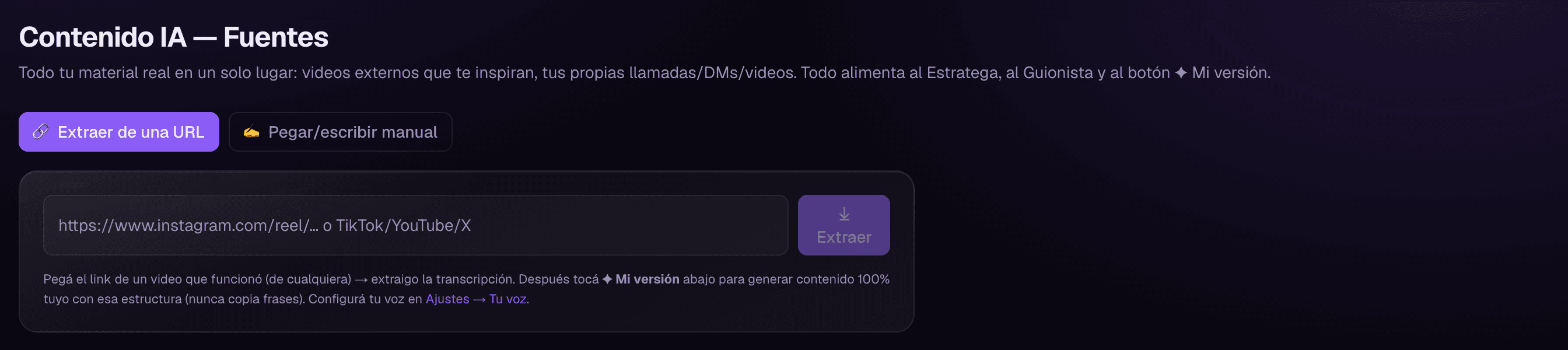 Panel de Rogue OS para extraer la transcripción de un video a partir de su URL