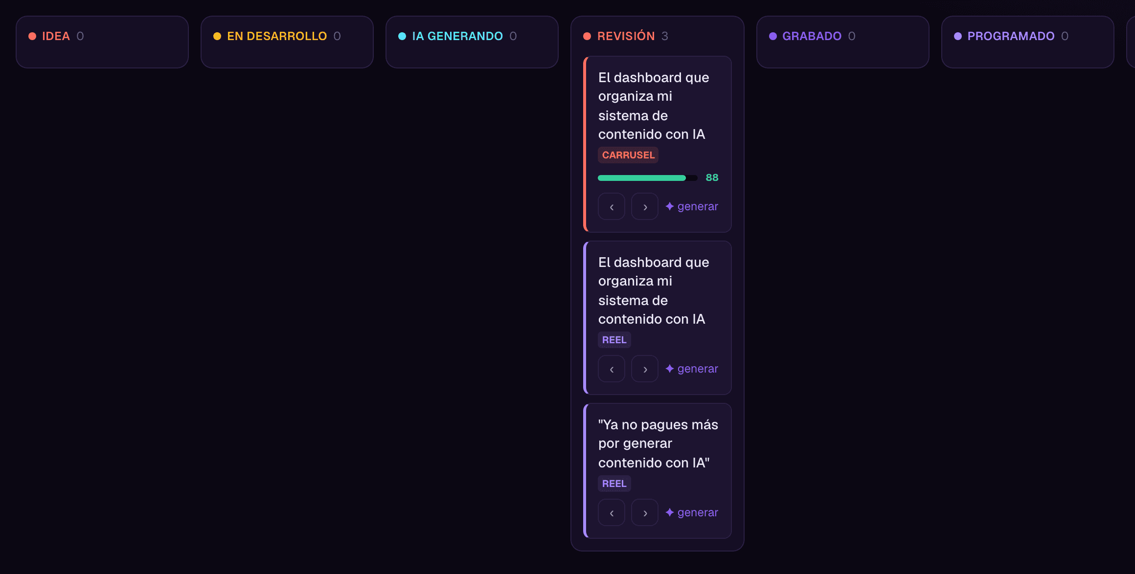 Pipeline de contenido de Rogue OS con columnas por estado y tarjetas con puntaje de calidad